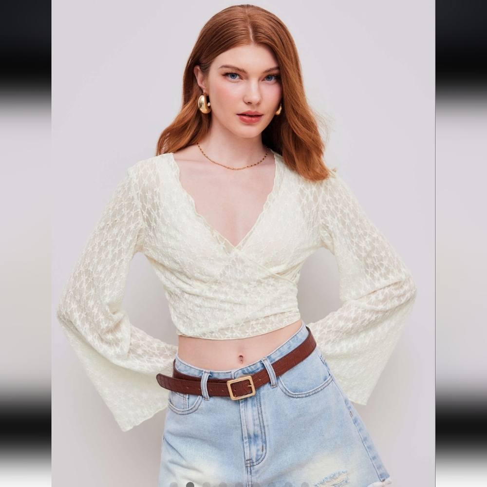 Lacey Wrap V-neck Floral Tie Back Crop Blouse Bell Sleeve XS